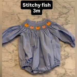 Blue Smocked Pumpkin Bubble Romper